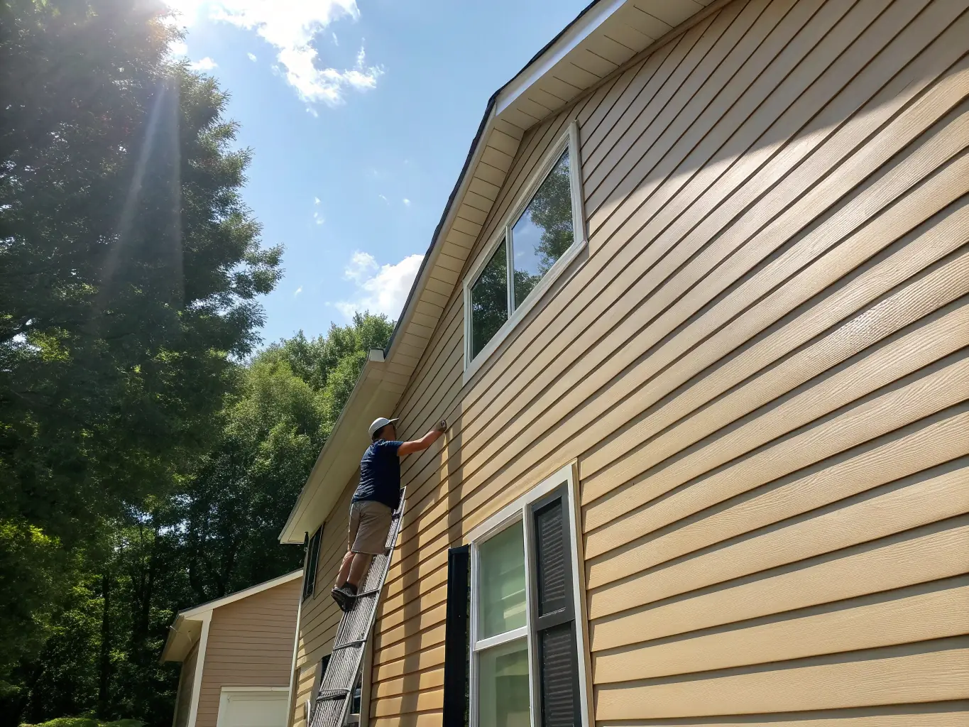 A crew installing vinyl siding on a residential house with a scenic background, highlighting the aesthetic appeal and durability of vinyl siding.