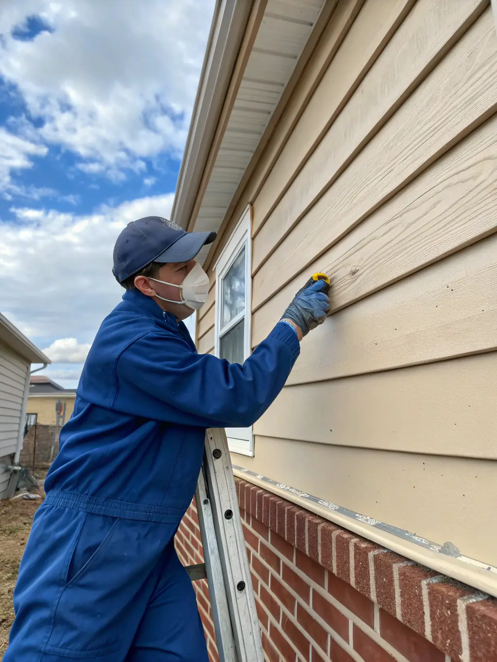 A worker installing new vinyl siding on a house, demonstrating the process and quality of materials.