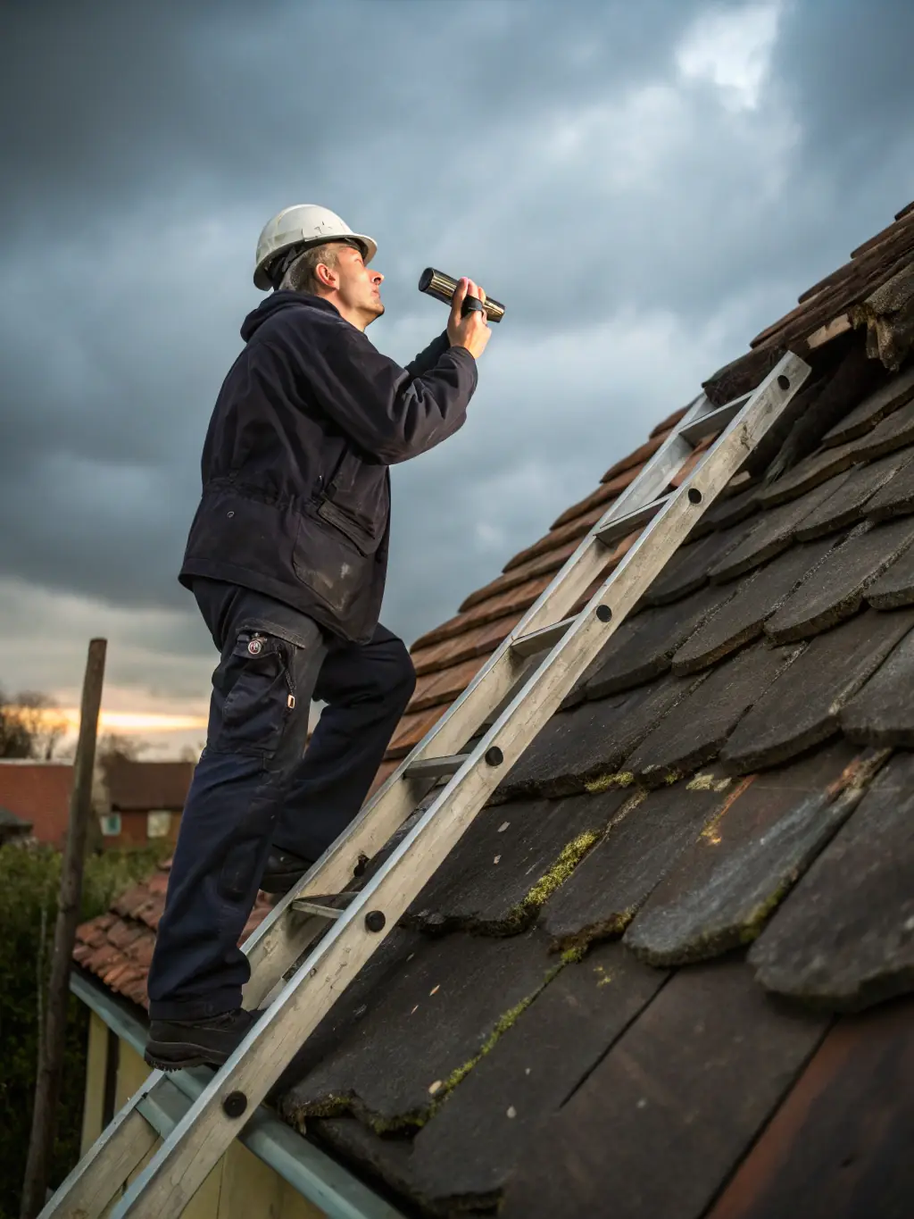 A handyman repairing a roof, emphasizing safety and expertise in roof maintenance.