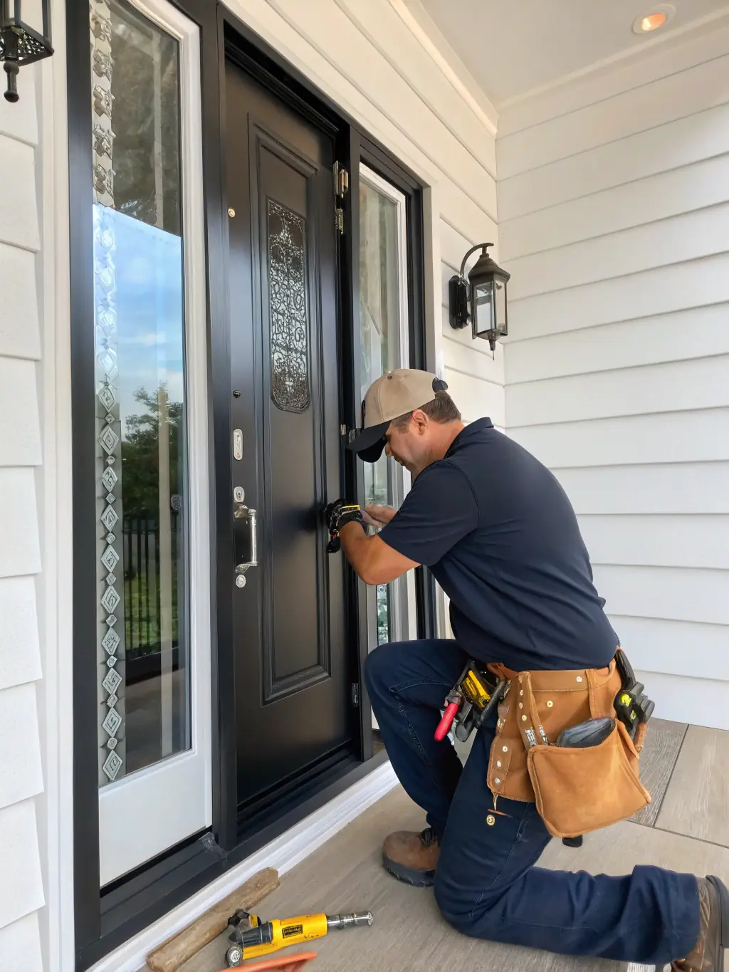 A handyman installing a new front door in a residential home, showcasing precision and attention to detail.
